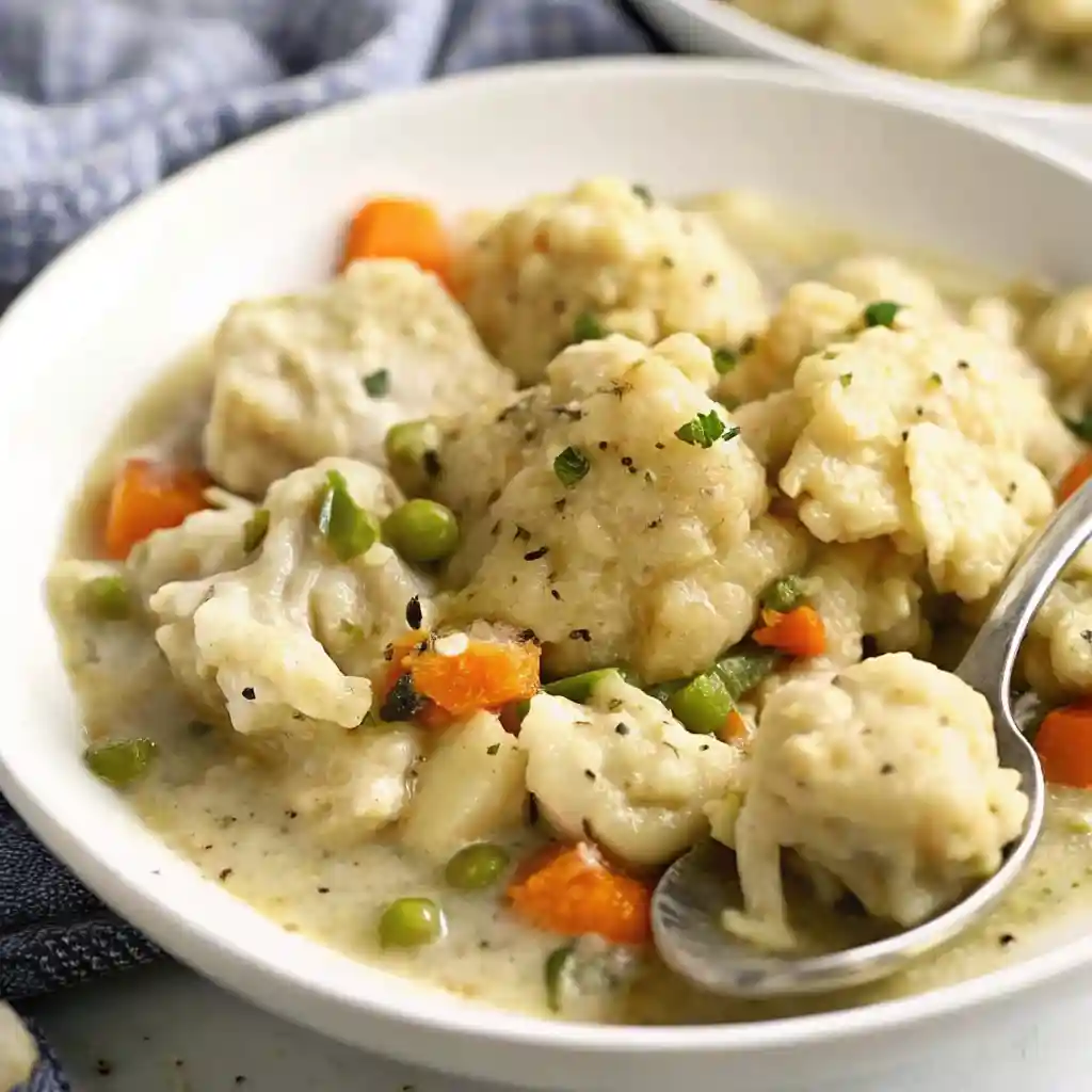Angled close-up of a white ceramic bowl filled with creamy chicken and dumplings, featuring fluffy dumplings, vegetables, and a silver spoon.