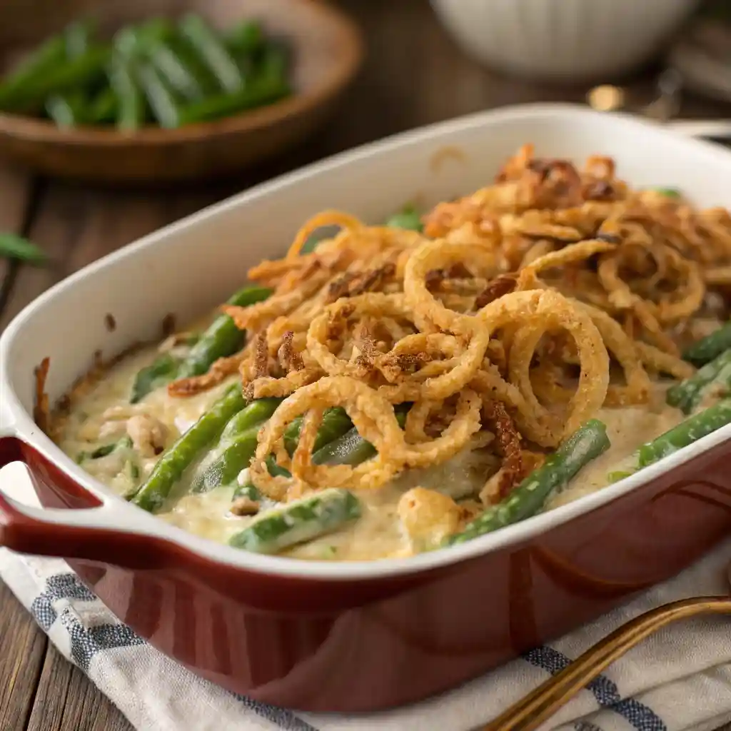 Green bean casserole recipe with creamy sauce and crispy fried onions topping.