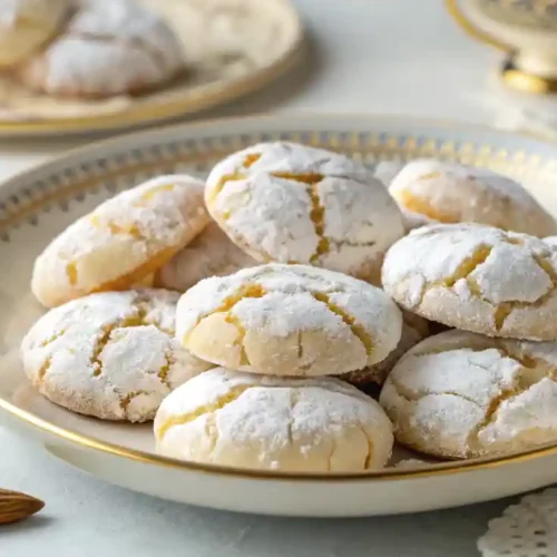 Ricciarelli Italian almond cookies on a vintage gold-rimmed plate with powdered sugar and cracked tops.