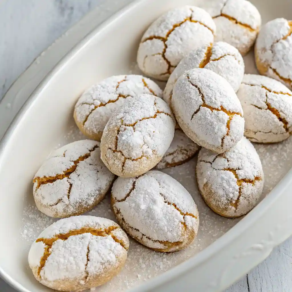 Italian almond cookies (Ricciarelli) on a white oval ceramic platter, dusted with powdered sugar and cracked on top.