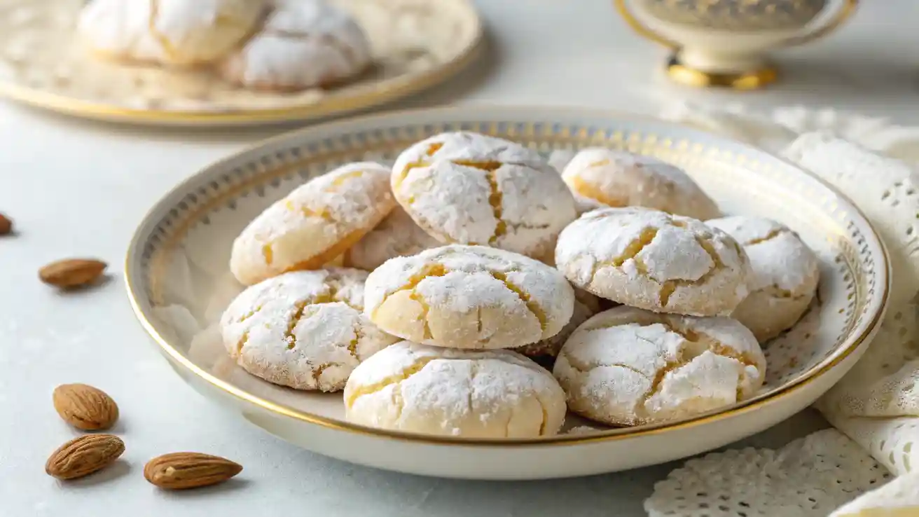 Ricciarelli Italian almond cookies on a vintage gold-rimmed plate with powdered sugar and cracked tops.