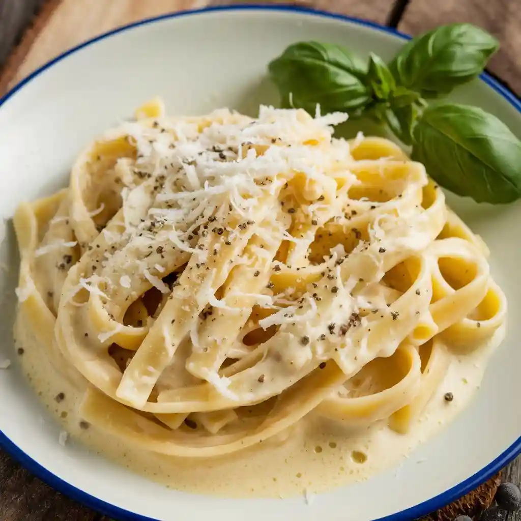 Plate of parmesan pasta with creamy sauce, chunks of parmesan, black pepper, and a sprig of fresh basil, served on a rustic wooden board.