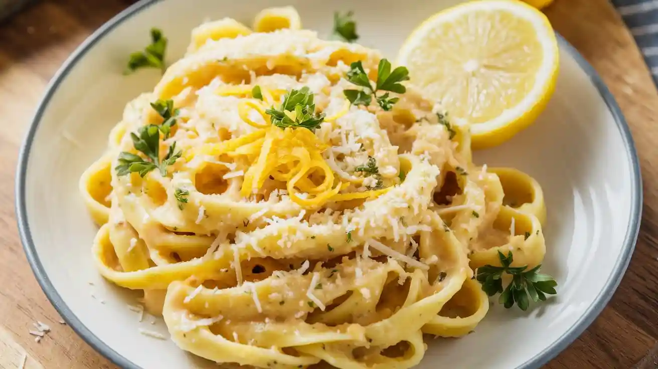 Plate of Lemon Parmesan Pasta with lemon zest, parsley, and a lemon wedge, served on a wooden board.