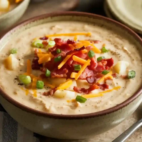 Bowl of loaded baked potato soup with cheddar cheese, bacon, and green onions, served on a rustic board.