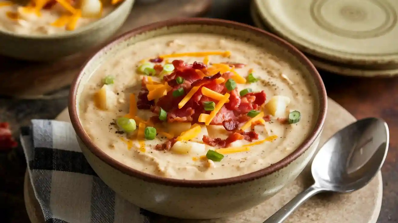 Bowl of loaded baked potato soup with cheddar cheese, bacon, and green onions, served on a rustic board.