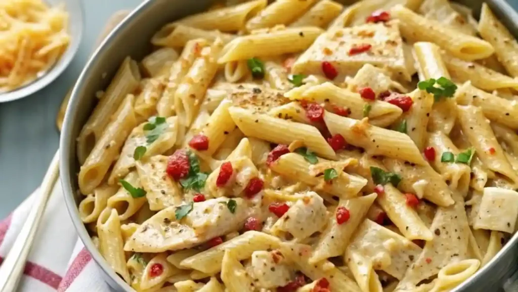 Creamy Marry Me Chicken Pasta with penne, sun-dried tomatoes, and seared chicken in a garlic Parmesan sauce, served in a skillet.