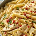 Creamy Marry Me Chicken Pasta with penne, sun-dried tomatoes, and seared chicken in a garlic Parmesan sauce, served in a skillet.