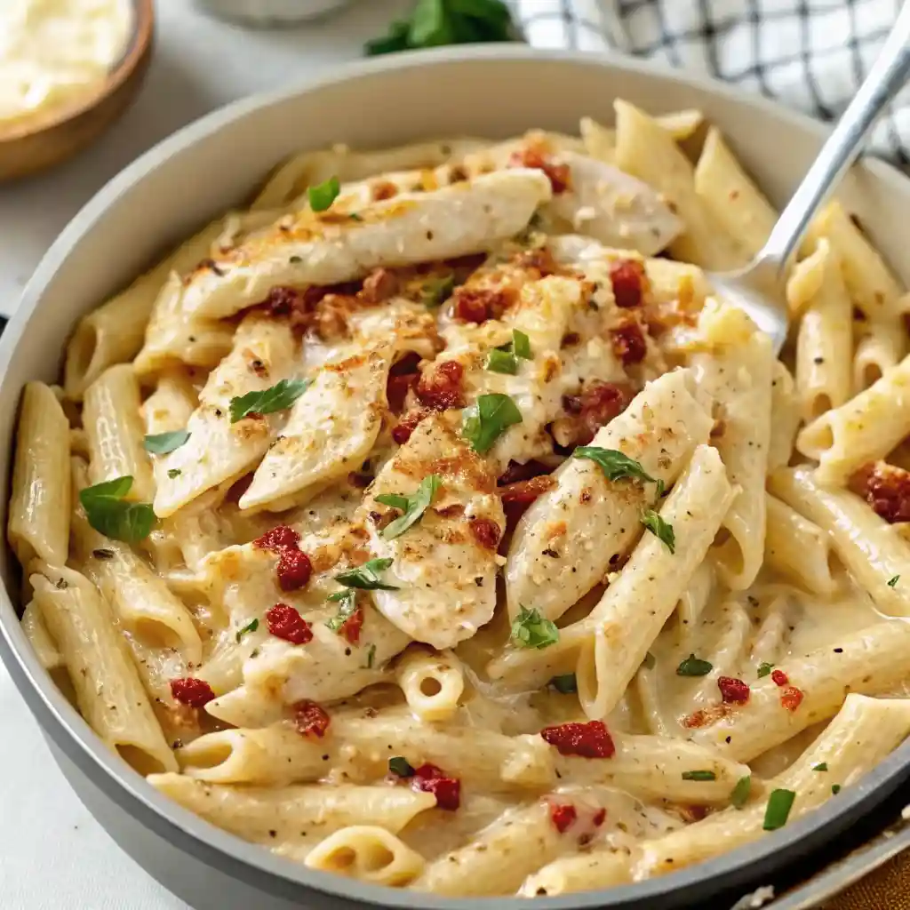 Marry Me Chicken Pasta with tender chicken, creamy sauce, and sun-dried tomatoes served with fresh herbs in a white ceramic bowl.