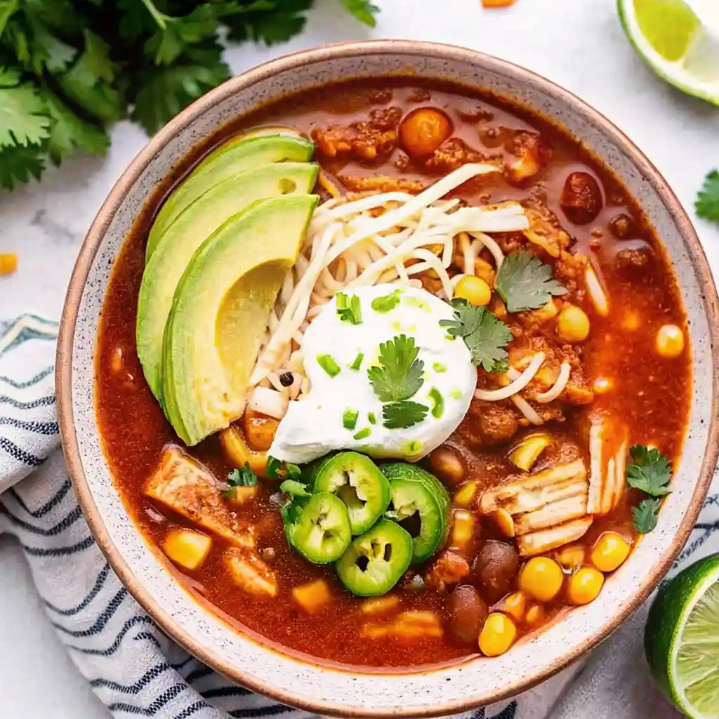 Chicken taco soup in a rustic bowl with avocado, sour cream, shredded cheese, jalapeños, lime, and cilantro on top.