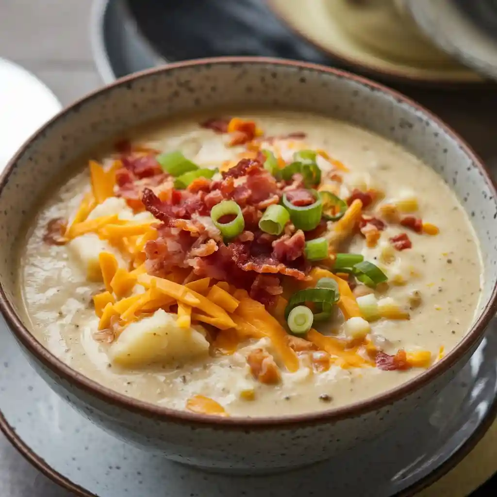Bowl of loaded baked potato soup with cheddar cheese, bacon, and green onions, served on a modern table.