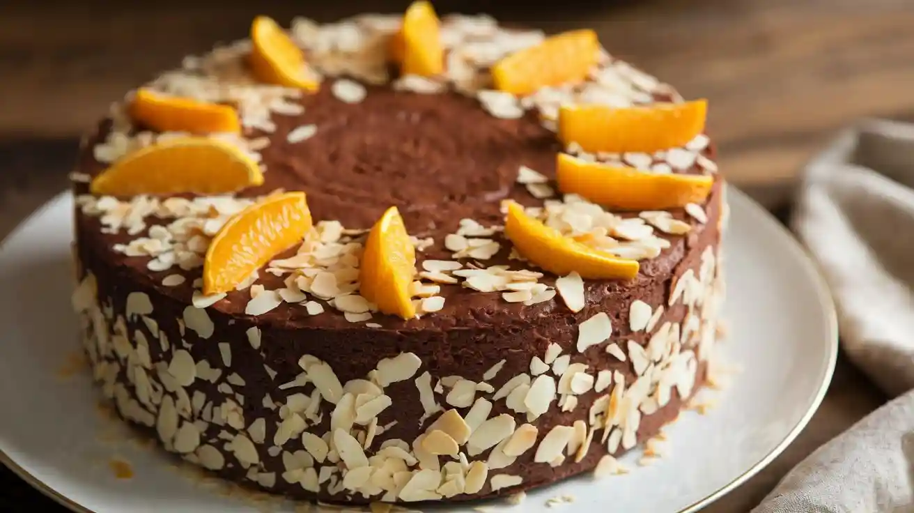 Prolific Oven Chocolate Orange Almond Cake recipe with orange and almond flakes on top.