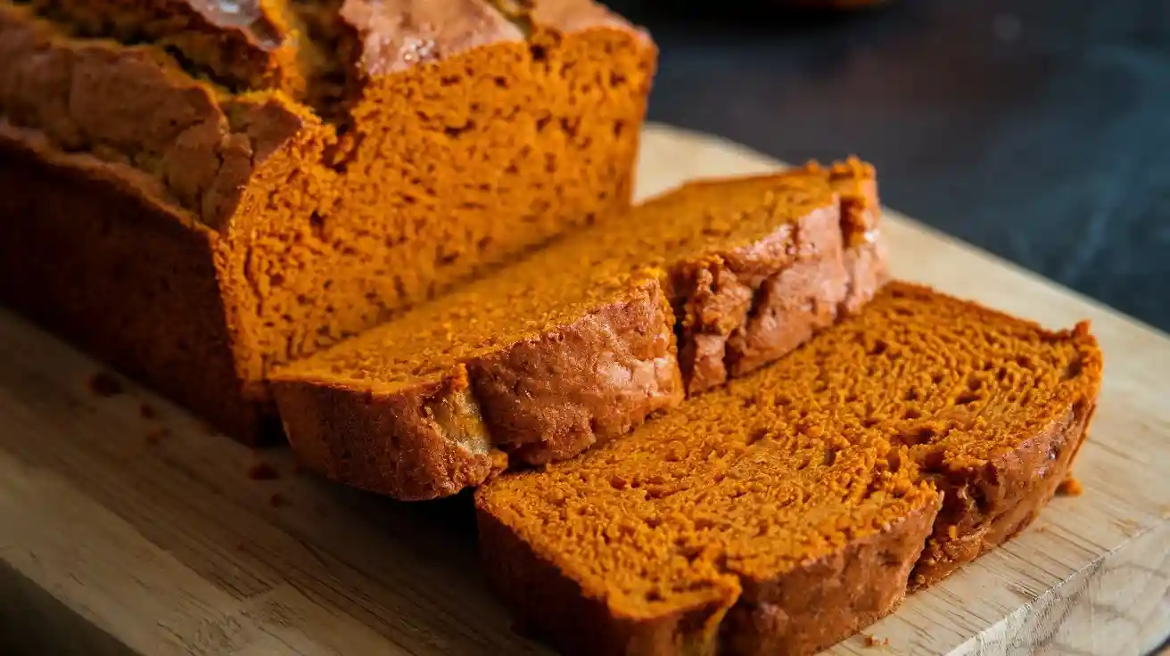 Moist pumpkin bread slices on a wooden board, showcasing a delicious pumpkin bread recipe, with the loaf in a pan in the background.