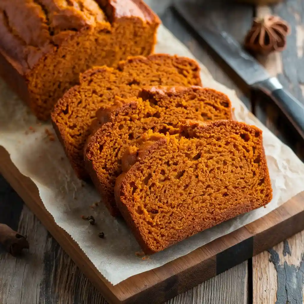 A photo of moist pumpkin bread slices on a wooden board, showcasing a golden-brown crust and soft orange interior, with spices and a knife nearby.