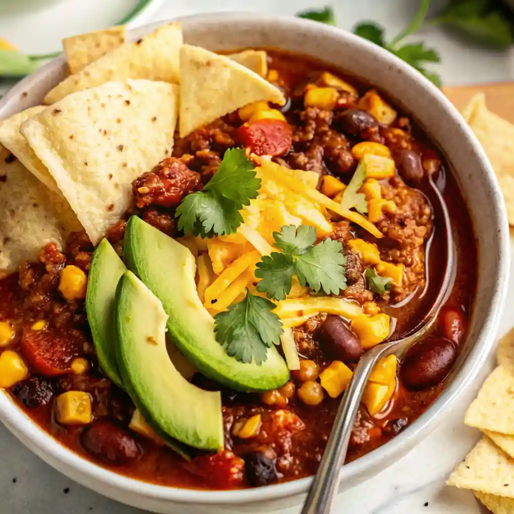 Hearty turkey chili recipe in a white bowl with avocado, cheddar, and cilantro on a neutral speckled background