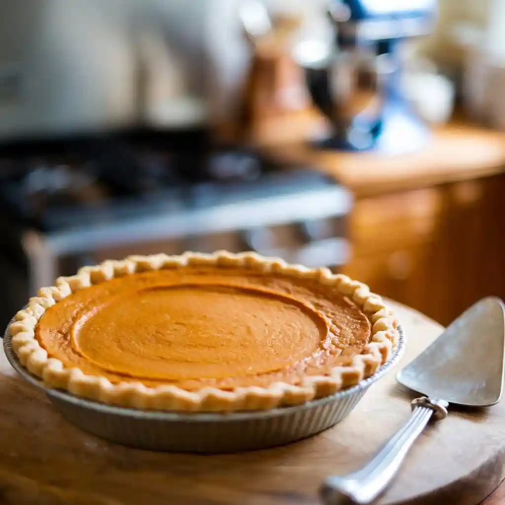 A homemade Randall's Pumpkin Pie Copycat Recipe with a golden-brown crust and smooth orange filling on a wooden board, with a silver pie server beside it. A blurred kitchen background features a stove, mixer, and baking tools.