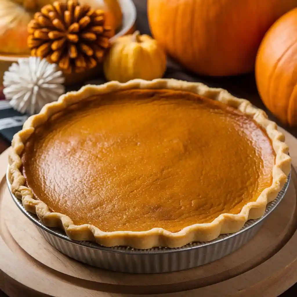 A homemade Randall's Pumpkin Pie Copycat Recipe with a golden-brown top, sitting on a wooden board. In the background, a bowl of fresh pumpkins and pie decorations add a festive touch.