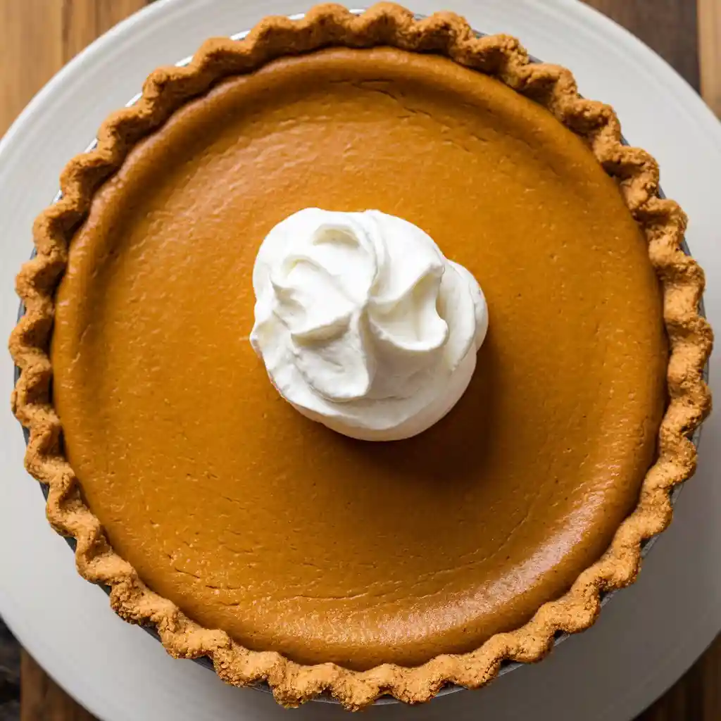 A homemade Randall's Pumpkin Pie Copycat Recipe with a graham cracker crust, golden-brown filling, and a dollop of whipped cream, served on a white plate against a wooden background.