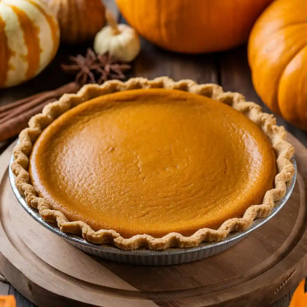 A rustic Randall's Pumpkin Pie Copycat Recipe with a graham cracker crust, sitting on a wooden board with freshly picked pumpkins and spices in the background.