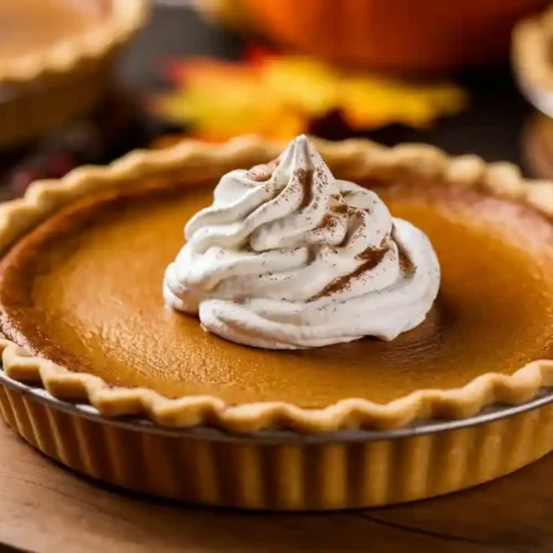 A homemade Randall's Pumpkin Pie Copycat Recipe on a wooden board, topped with fresh whipped cream and a sprinkle of cinnamon. The golden crust and deep orange filling make it a perfect autumn treat.