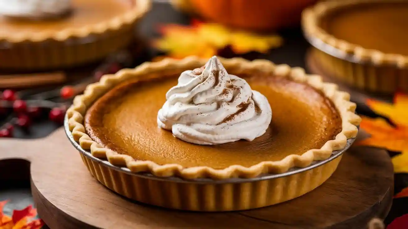 A homemade Randall's Pumpkin Pie Copycat Recipe on a wooden board, topped with fresh whipped cream and a sprinkle of cinnamon. The golden crust and deep orange filling make it a perfect autumn treat.