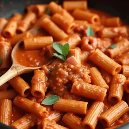 Rigatoni alla Grassa recipe with creamy sauce, crispy pancetta, and Parmesan cheese.