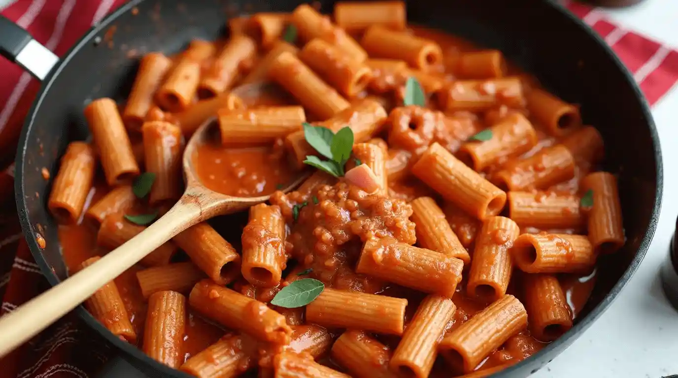 Rigatoni alla Grassa recipe with creamy sauce, crispy pancetta, and Parmesan cheese.