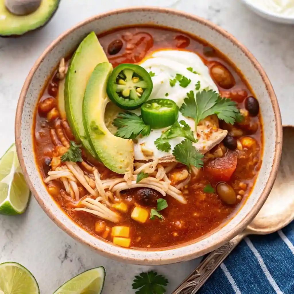 Bowl of chicken taco soup with avocado, cheese, sour cream, lime, and cilantro, served in a rustic ceramic bowl.