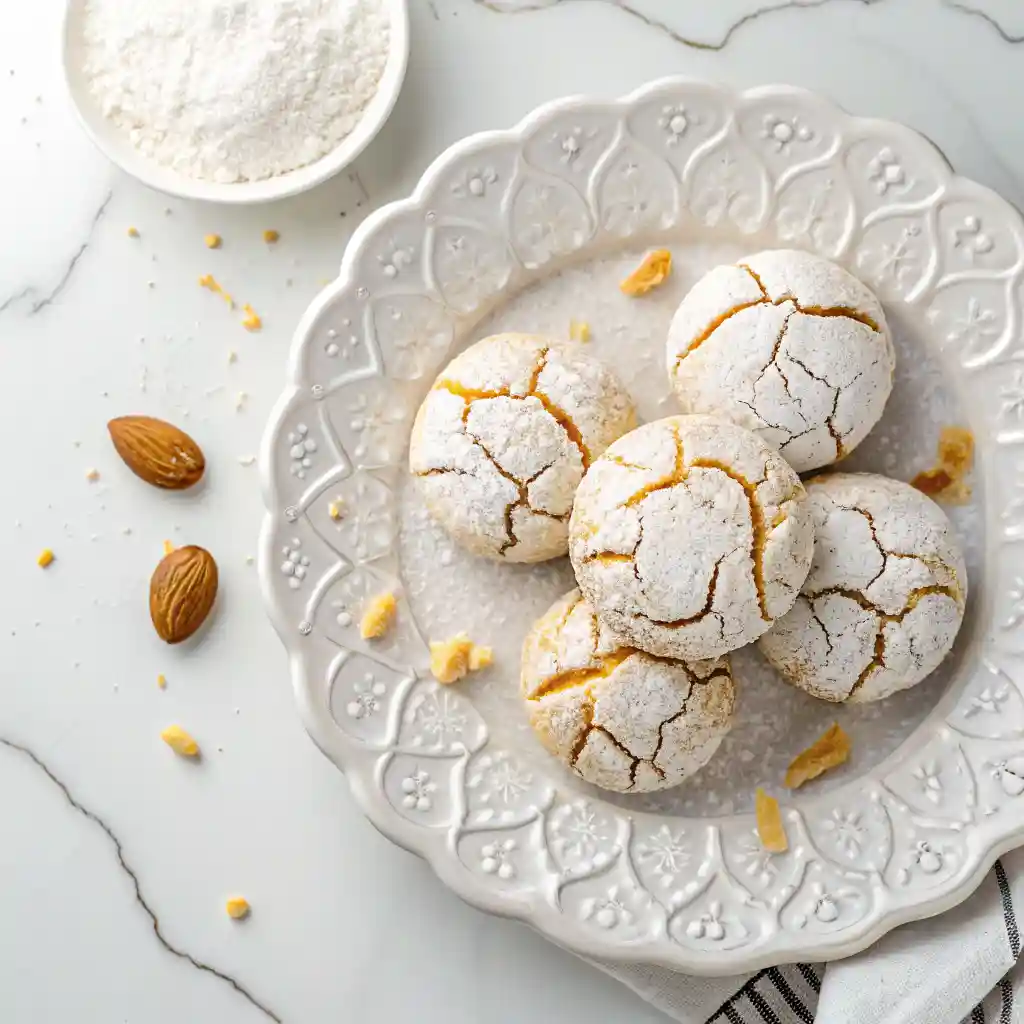 Overhead view of Ricciarelli Italian almond cookies on a scalloped white ceramic plate, dusted with powdered sugar on a marble surface.