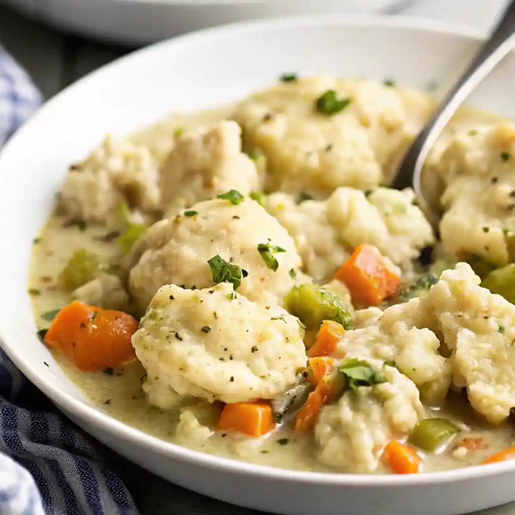 Side view of creamy chicken and dumplings in a white bowl with fluffy dumplings, vegetables, and a spoon, styled with fresh herbs and a striped napkin.