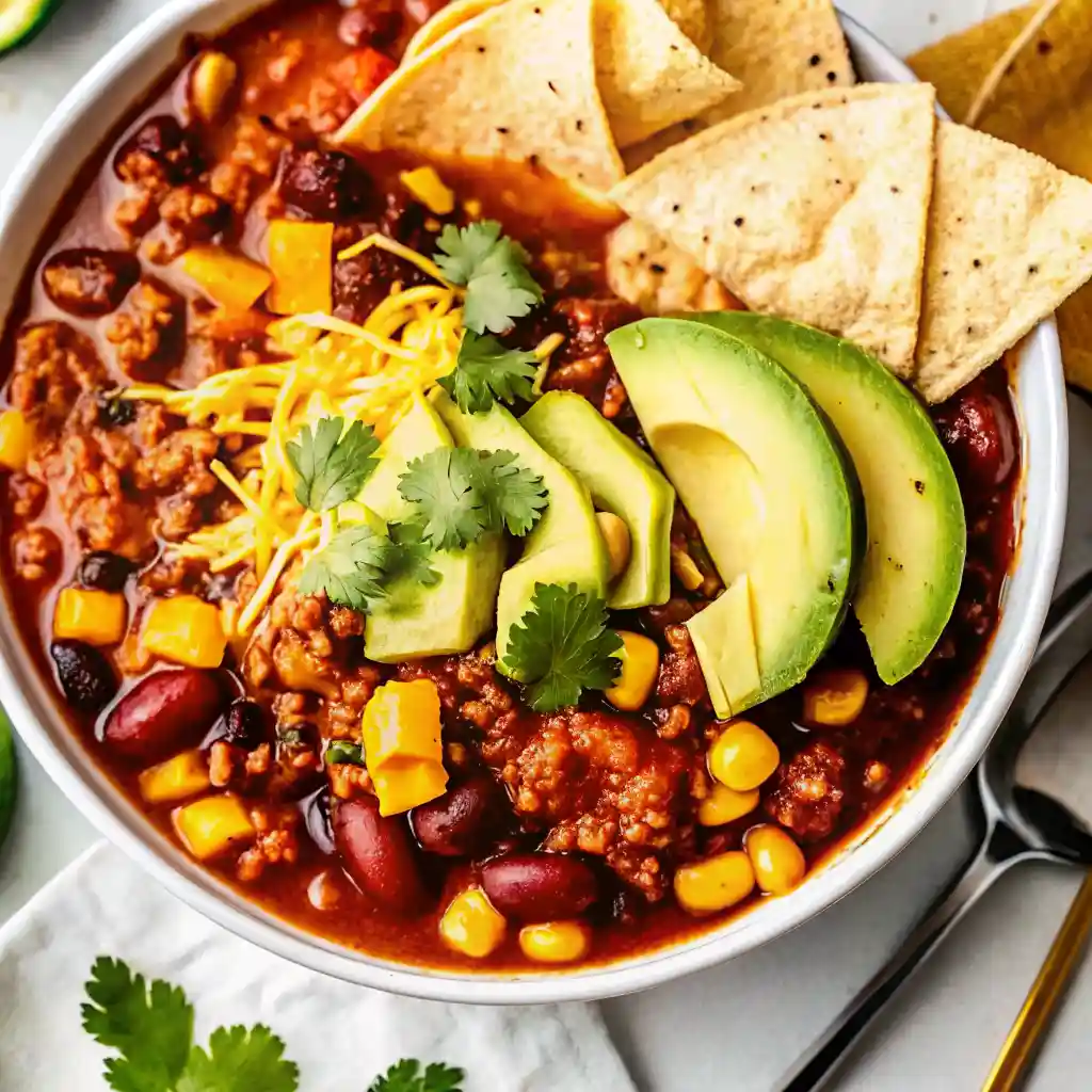 Close-up of turkey chili recipe with cheddar cheese, avocado, cilantro, and tortilla chips in a white bowl
