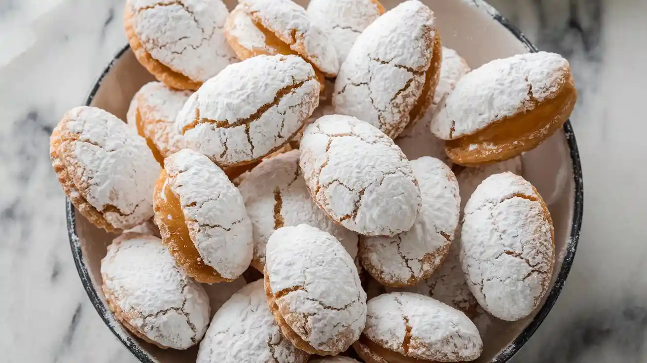 Ricciarelli honey recipe cookies, almond-shaped, cracked on top, and dusted with powdered sugar on a marble surface.