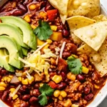 Hearty turkey chili recipe topped with avocado, cheddar cheese, and cilantro in a white bowl