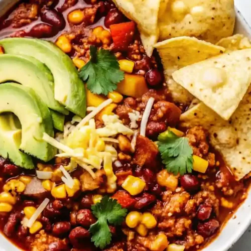 Hearty turkey chili recipe topped with avocado, cheddar cheese, and cilantro in a white bowl