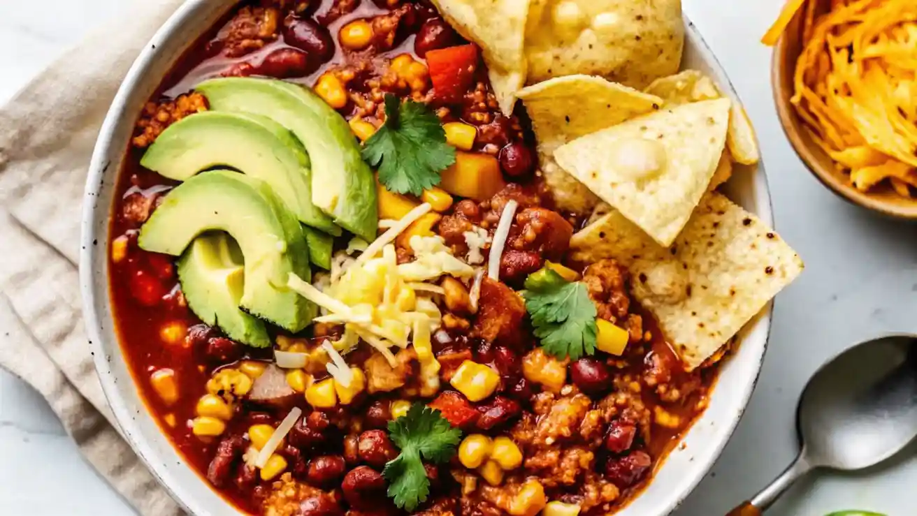 Hearty turkey chili recipe topped with avocado, cheddar cheese, and cilantro in a white bowl