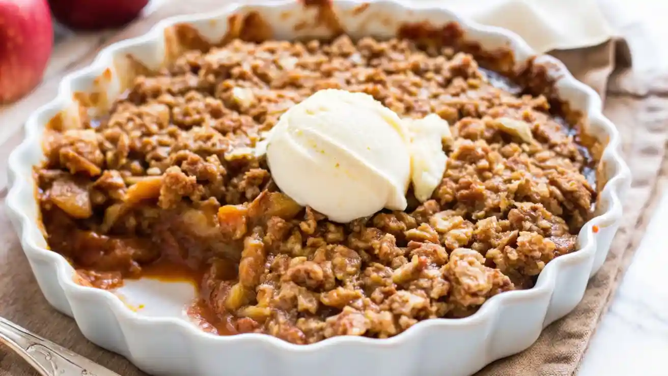 Overhead shot of a golden apple crumble in a round white dish, topped with vanilla ice cream and a cinnamon oat topping.