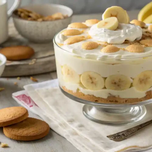 A bowl of creamy banana pudding with layers of vanilla wafers, banana slices, and whipped cream. A spoonful is lifted to showcase the texture. This easy banana pudding recipe is a classic Southern dessert.
