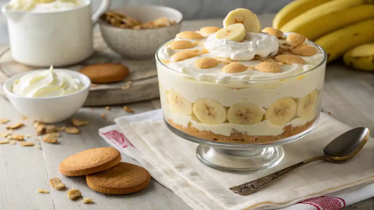 A bowl of creamy banana pudding with layers of vanilla wafers, banana slices, and whipped cream. A spoonful is lifted to showcase the texture. This easy banana pudding recipe is a classic Southern dessert.