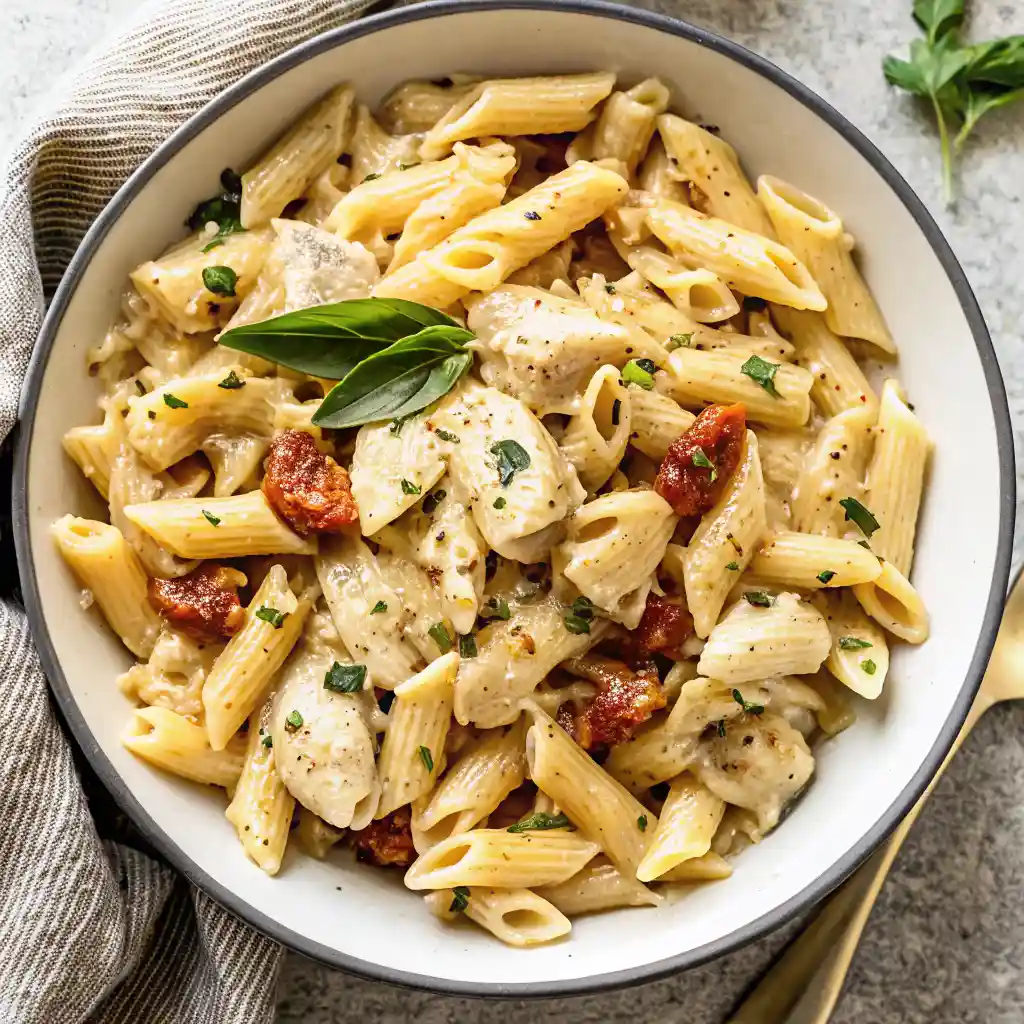 Creamy Marry Me Chicken Pasta with penne, golden chicken, sun-dried tomatoes, and basil in a skillet with garlic-Parmesan sauce.