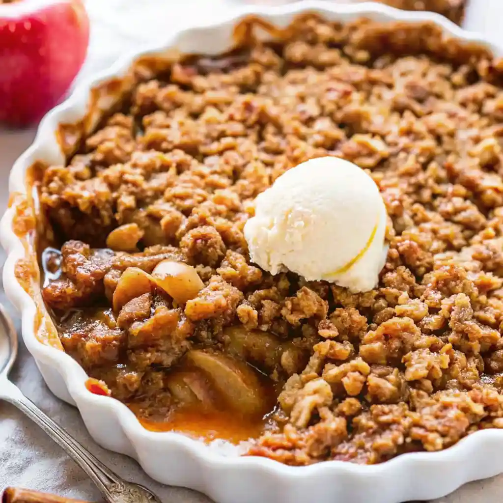 Rustic apple crumble in a white ceramic dish topped with melting vanilla ice cream, oats, and nuts, with stewed apples visible.