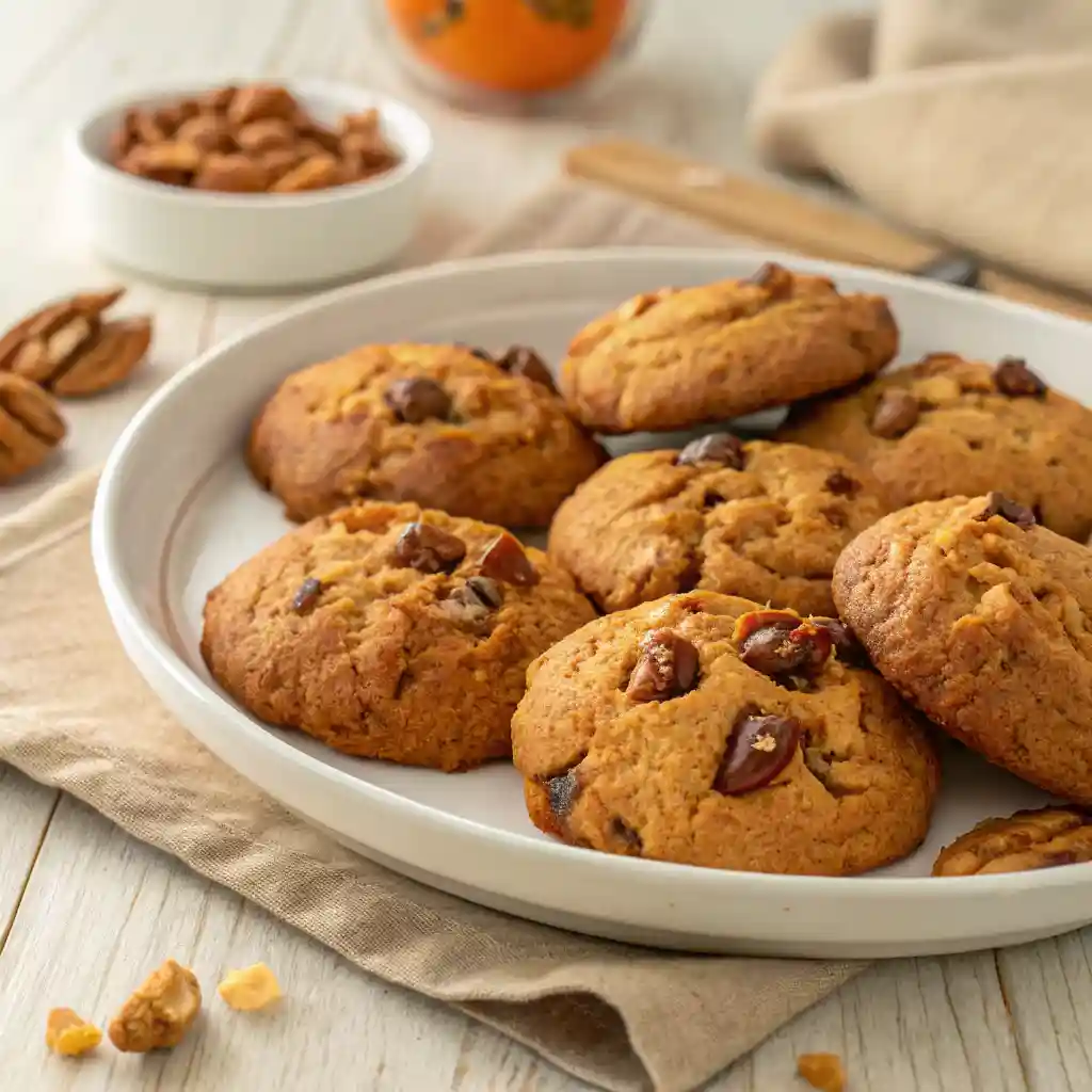 close-up of rustic persimmon cookies with nuts and raisins on a white plate over a wooden table.