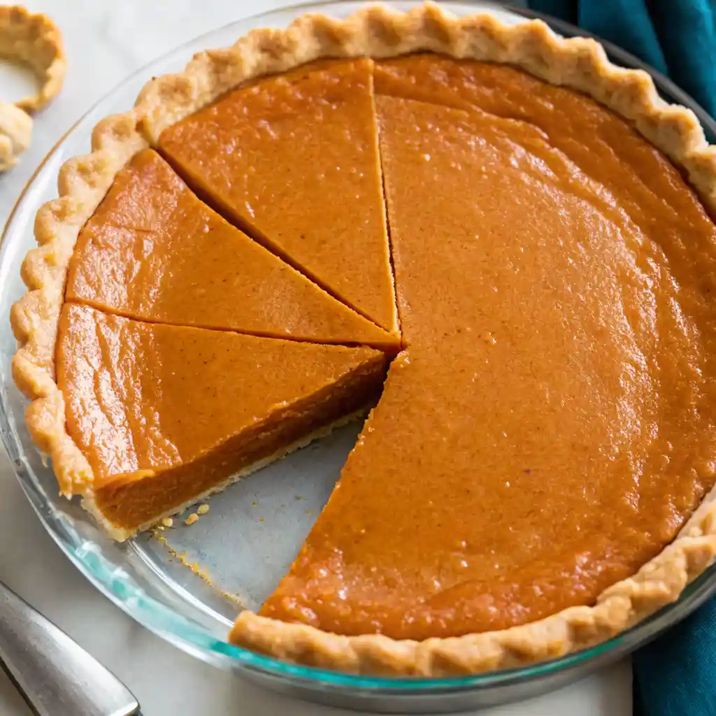Top-down view of a full pumpkin pie with golden fluted crust and one slice pulled out, set on a marble surface.