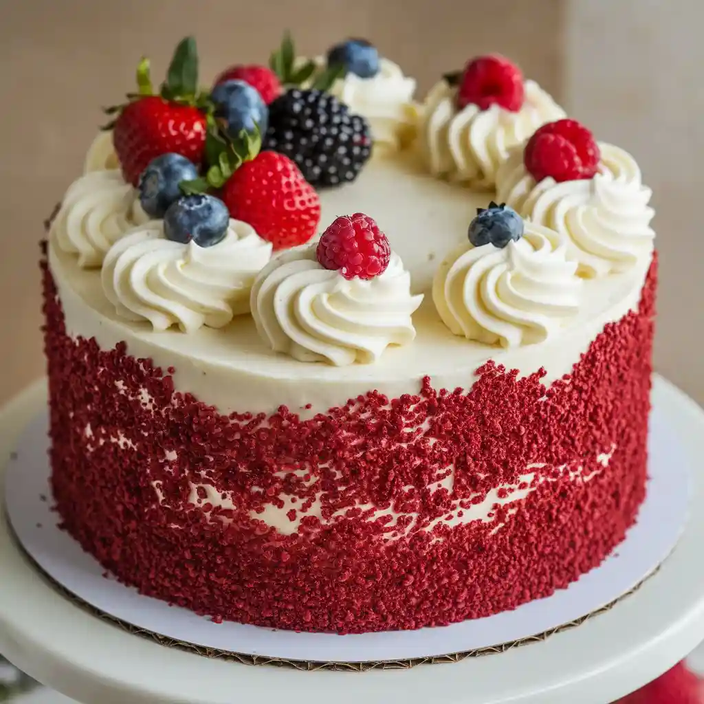A red velvet birthday cake with cream cheese frosting, decorated with white swirls and fresh berries on a white stand.