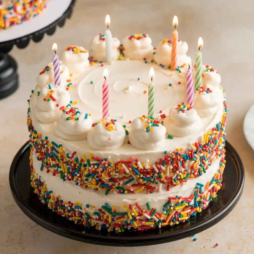 A funfetti birthday cake with white frosting, colorful sprinkles, and candles on a black stand.