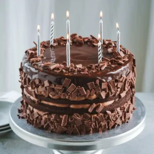 A decadent chocolate birthday cake with glossy ganache, chocolate shavings, and candles on a silver stand.