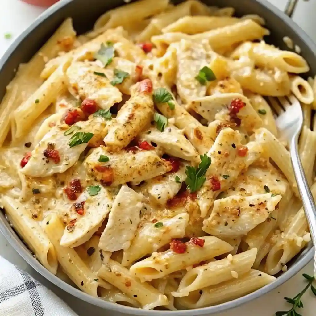 Marry Me Chicken Pasta with penne, seared chicken, sun-dried tomatoes, and creamy garlic-Parmesan sauce, garnished with fresh herbs.