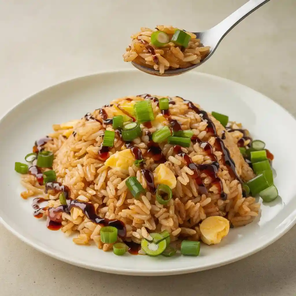 Plate of egg fried rice stir-fried with eggs, green onions, and soy sauce, with a spoonful of rice hovering above.