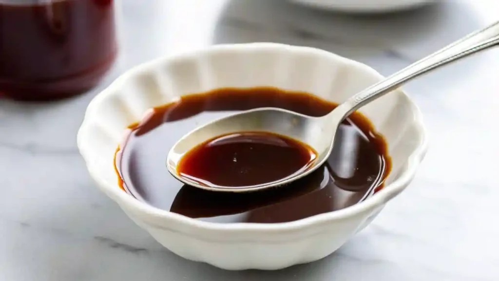 Close-up of a white bowl filled with glossy demi-glace, with a silver spoon resting inside the rich brown sauce.
