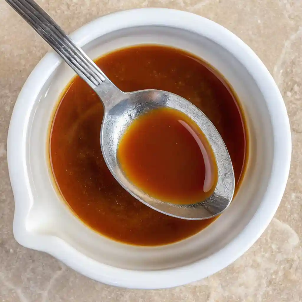 Overhead close-up of thick demi-glace in a white ceramic bowl with a spoon showing its glossy texture.