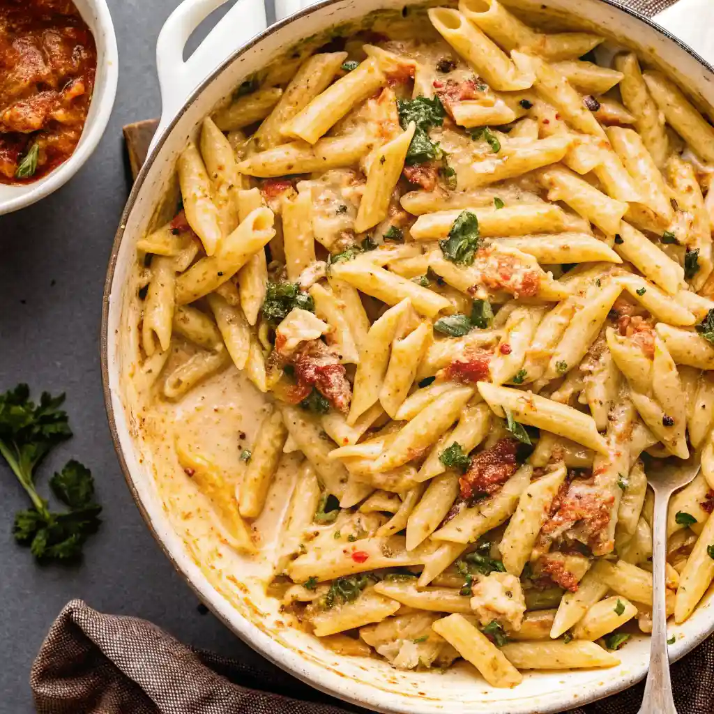 Creamy Marry Me Chicken Pasta in a white skillet with penne, seared chicken, sun-dried tomatoes, and basil, styled with a spoon.