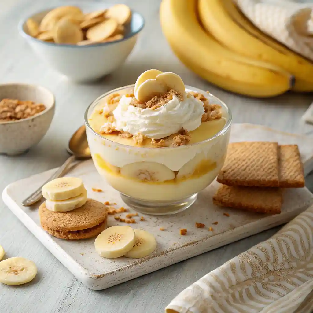 A creamy and delicious easy banana pudding recipe served in a glass dish, layered with vanilla pudding, fresh banana slices, and crispy wafers.